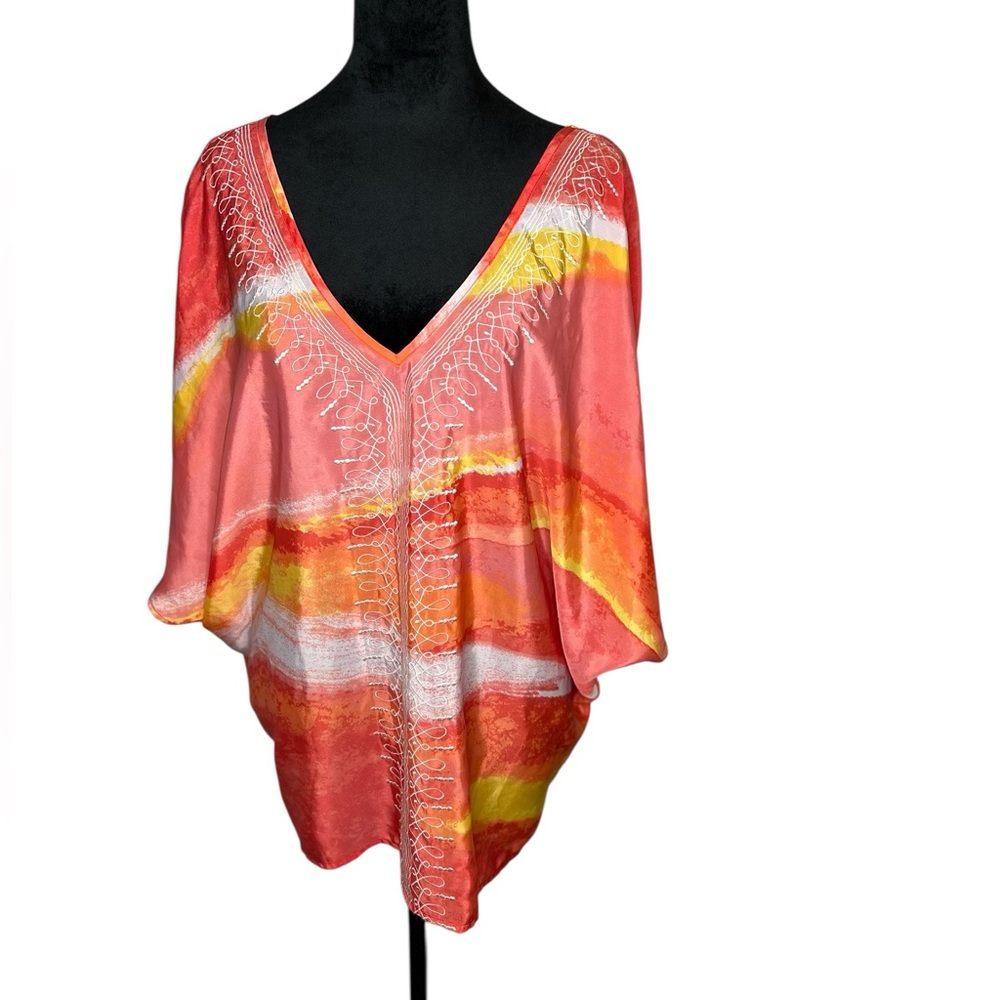 CHICO’S Boho Dopamine Core Printed Colorful Embroidered Vneck Tunic Top.…